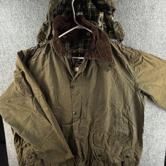 Barbour Border Waxed Jacket Full Zip Green Hunting Size 46 Corduroy Collared - Picture 1 of 16